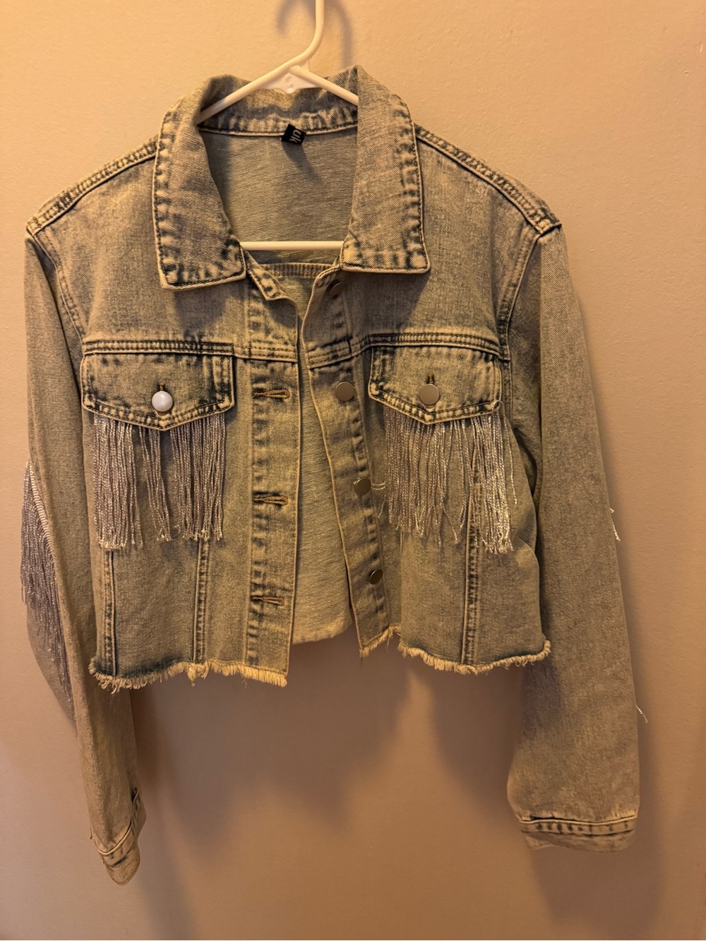 Cropped Fringe Denim Jacket - Light Gray